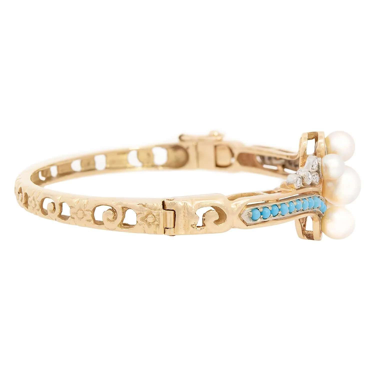 Victorian 14k Pearl, Turquoise, and Diamond Bangle - Image 2