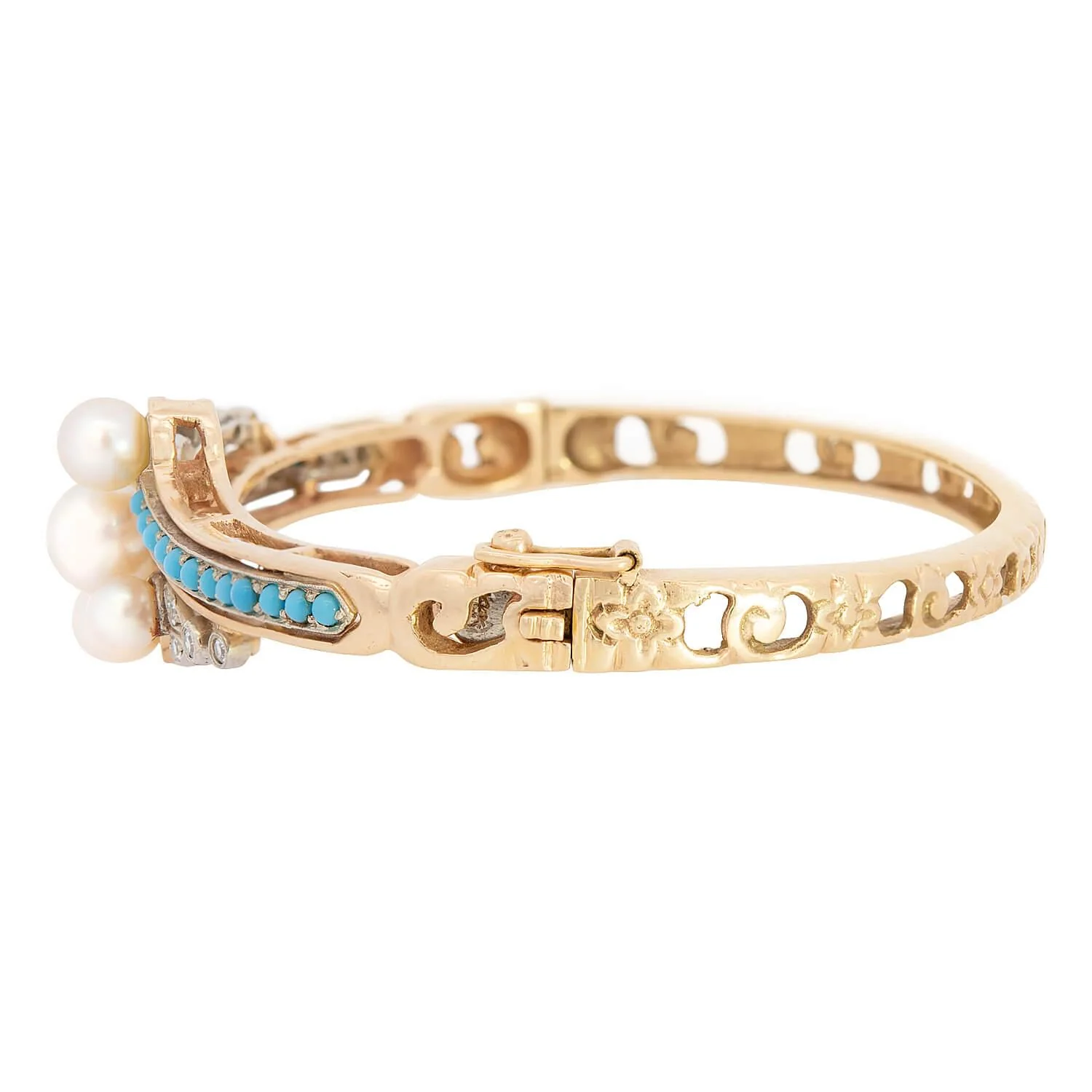 Victorian 14k Pearl, Turquoise, and Diamond Bangle - Image 4