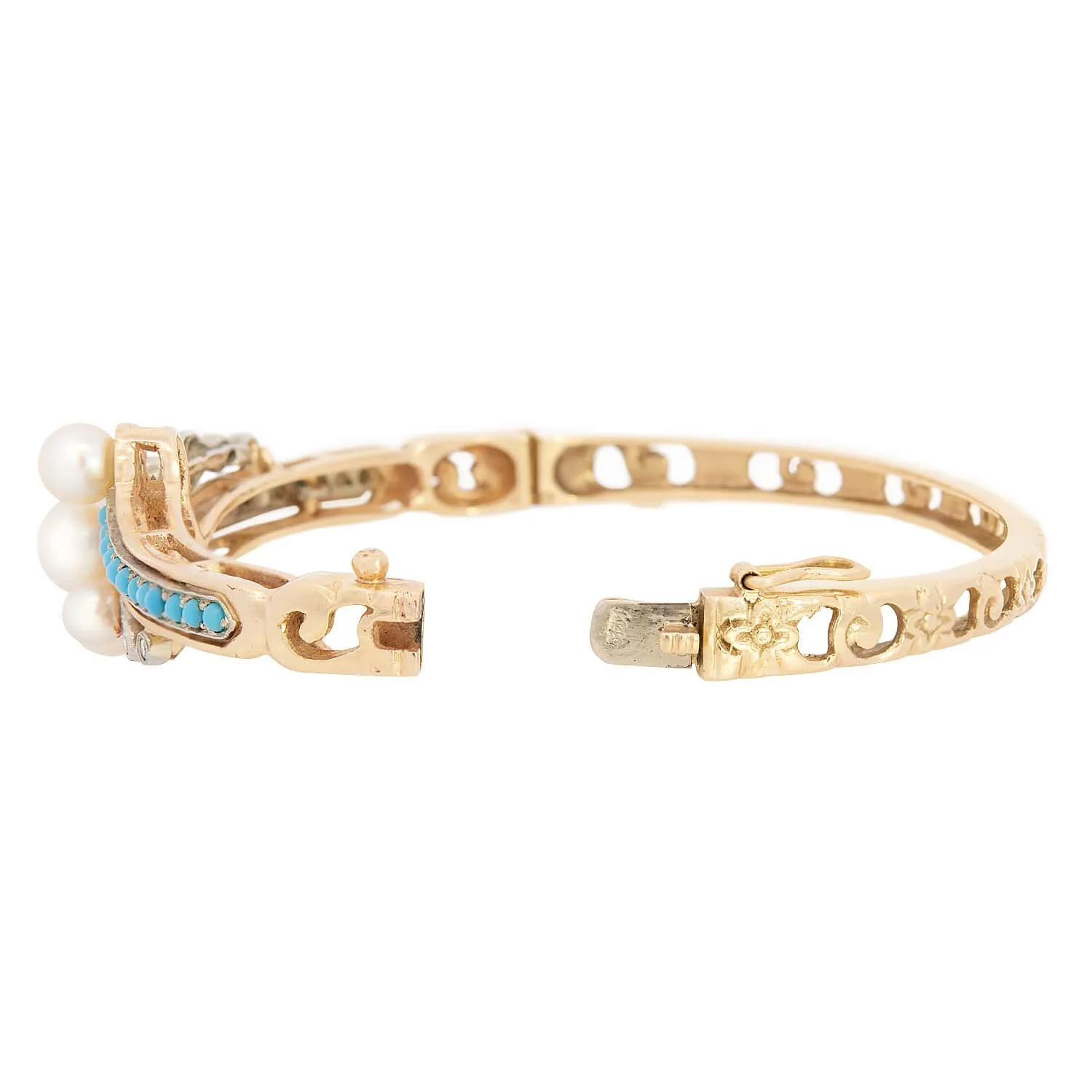 Victorian 14k Pearl, Turquoise, and Diamond Bangle - Image 6