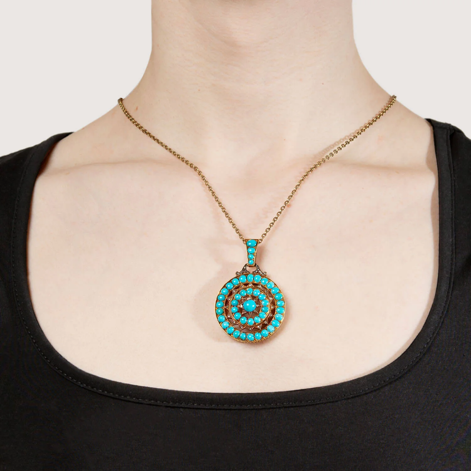 Victorian 14k Persian Turquoise and Diamond Starburst Pendant - Image 4