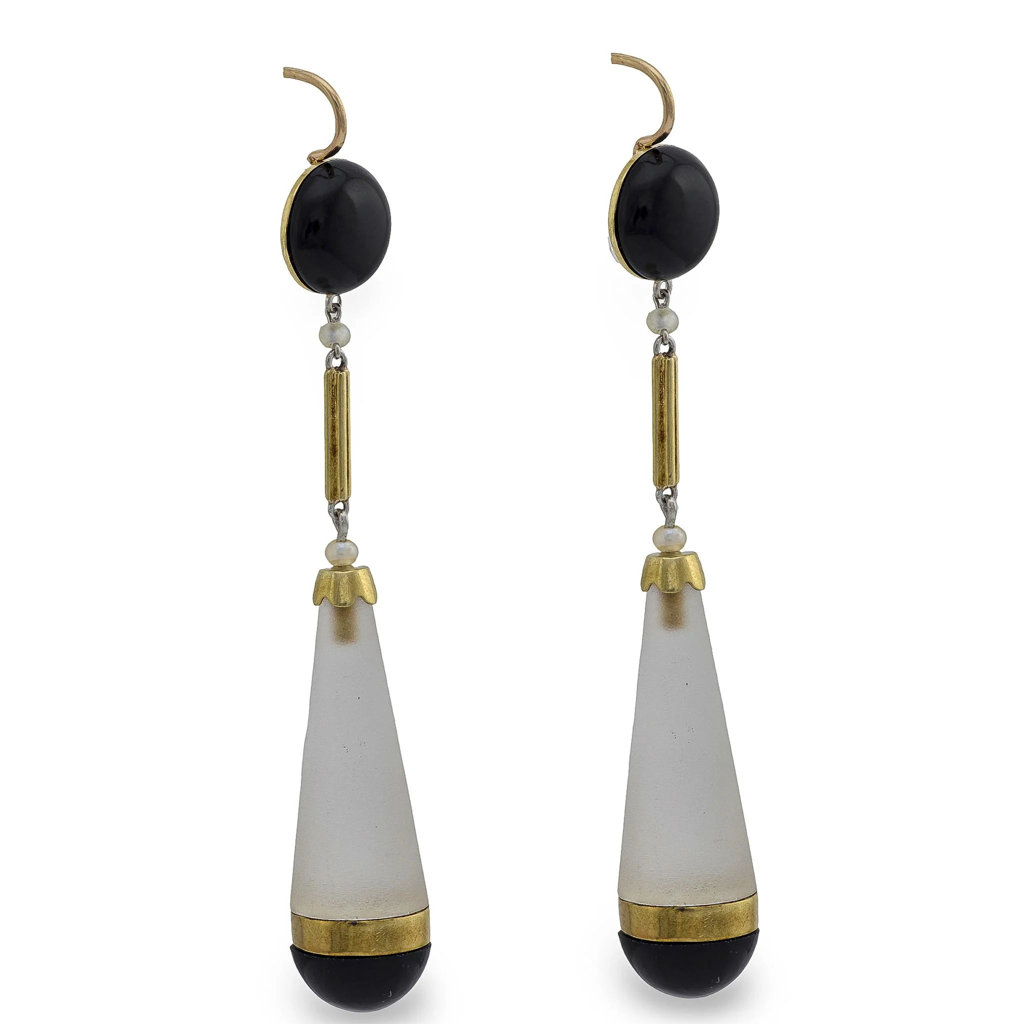 Victorian 14k Rock Quartz Crystal Onyx and Seed Pearl Drop Earrings - Image 2