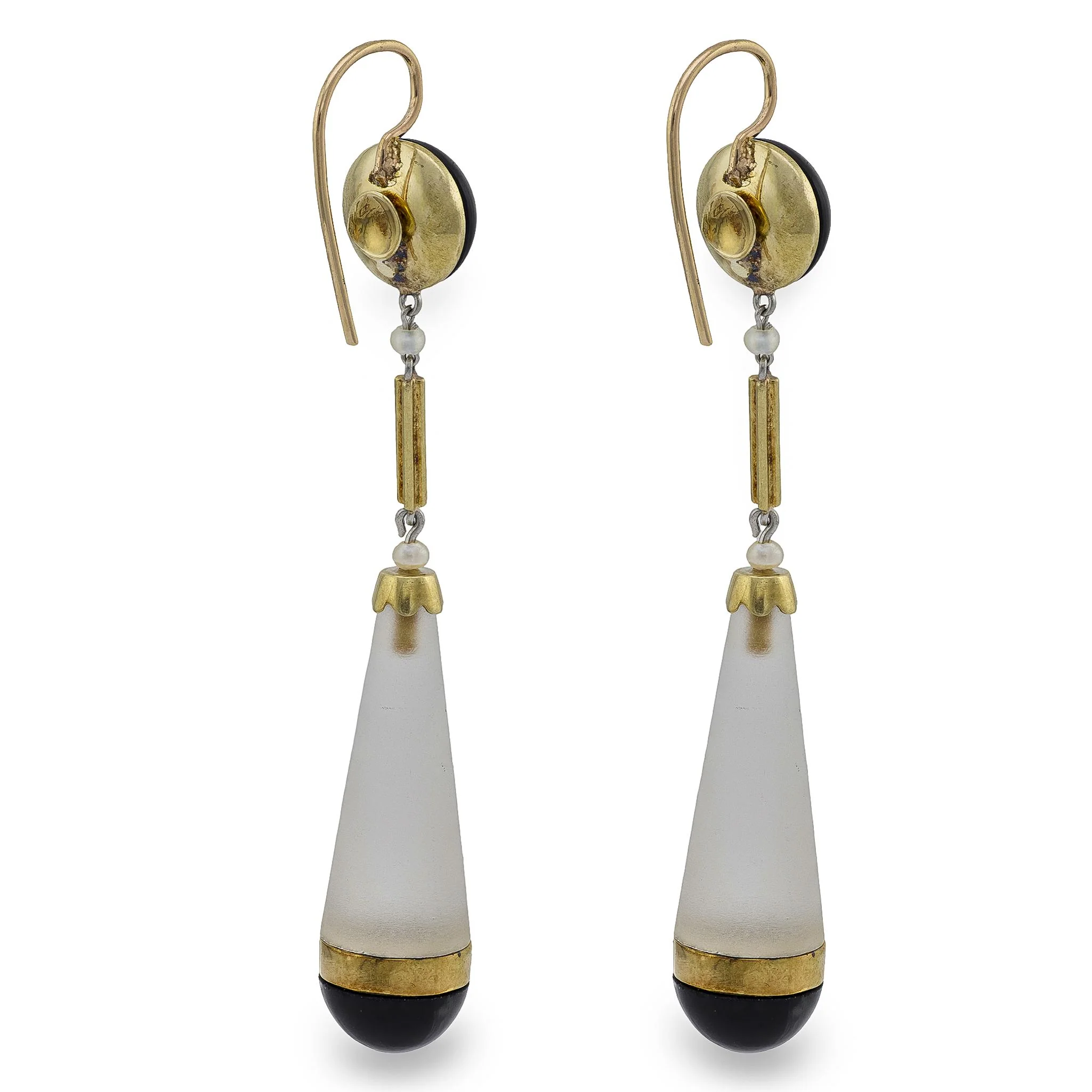 Victorian 14k Rock Quartz Crystal Onyx and Seed Pearl Drop Earrings - Image 3