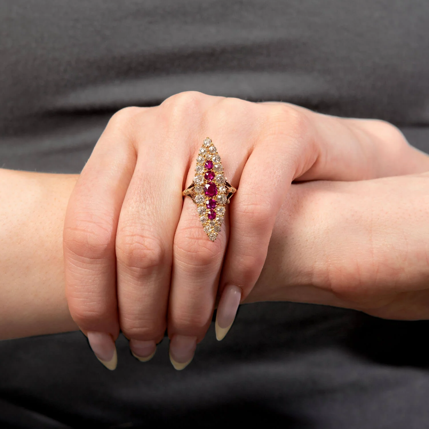 Victorian 14k Ruby & Diamond Navette Ring - Image 6