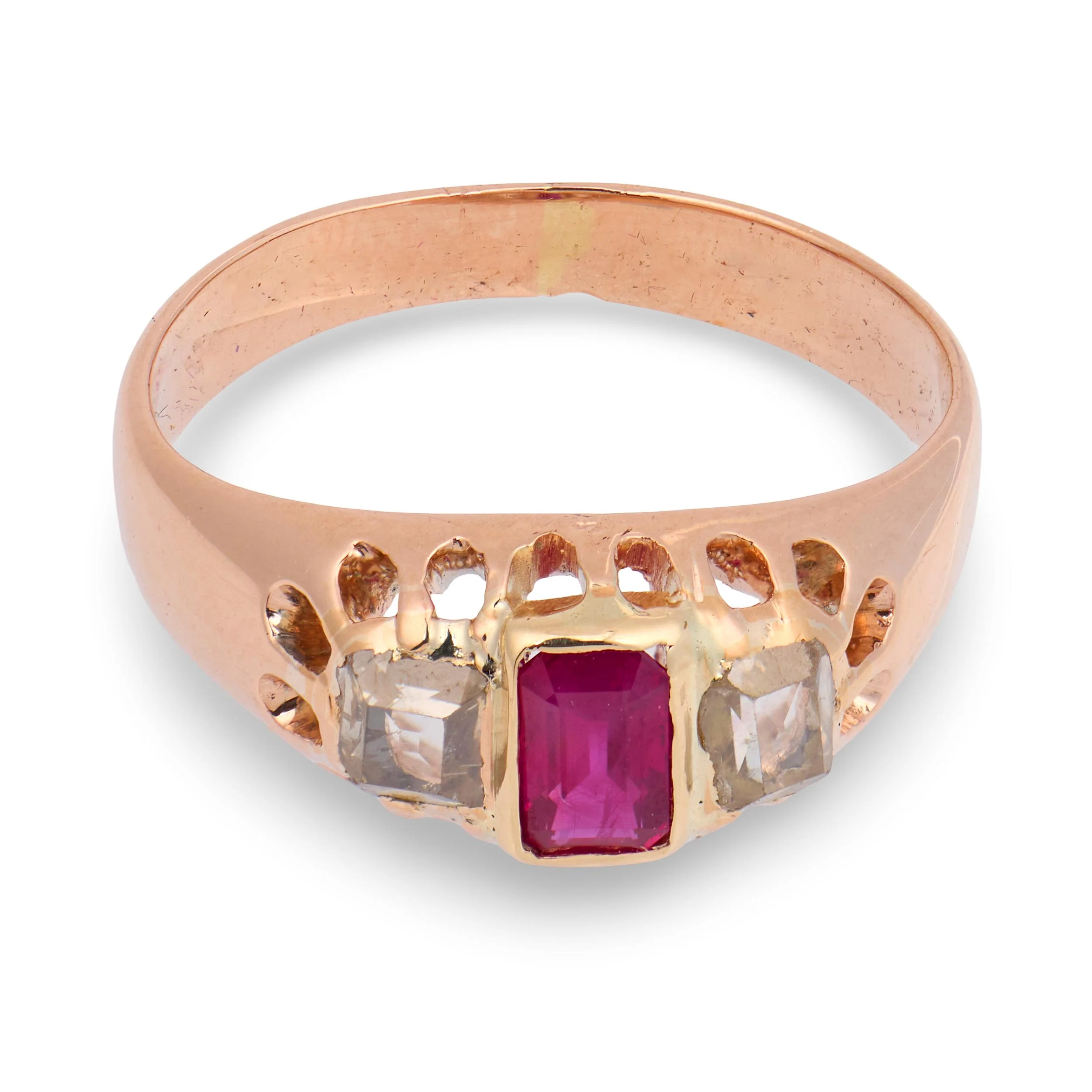 Victorian 14k Ruby & Diamond Three Stone Ring - Image 2