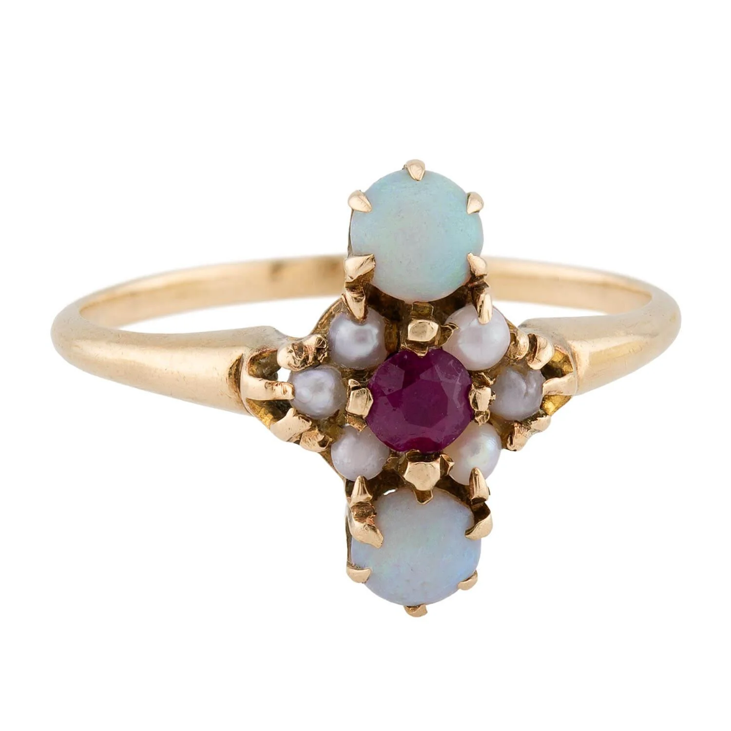 Victorian 14k Ruby, Opal, & Pearl Navette Ring - Image 2