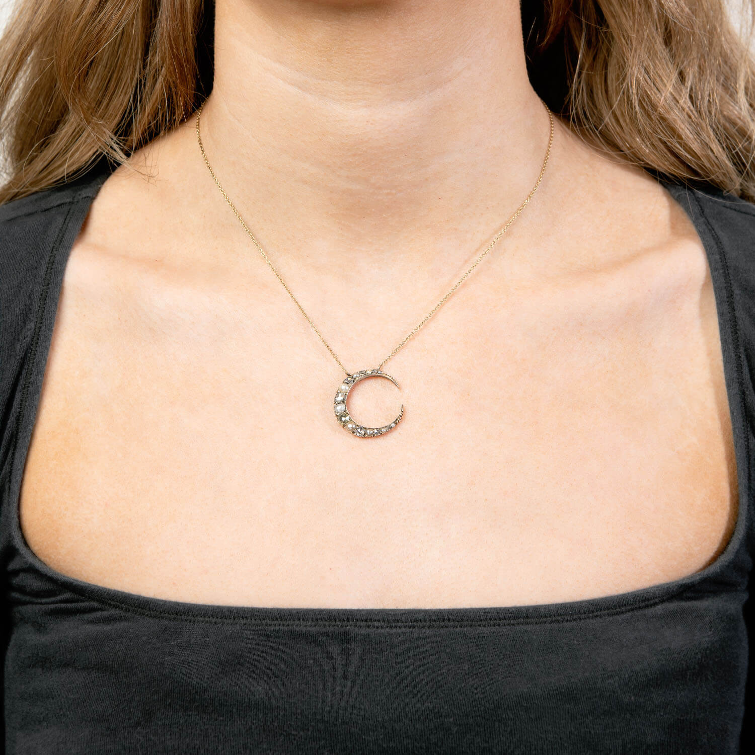 Victorian 14k/Sterling Silver Diamond & Pearl Crescent Pendant Necklace - Image 5
