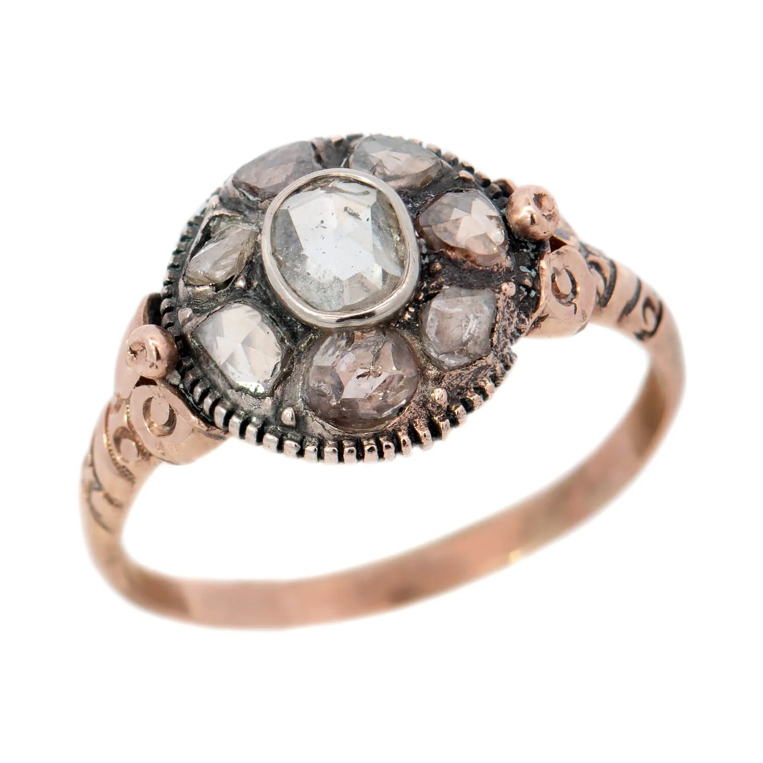 Victorian 14k/Sterling Silver Rose Cut Diamond Cluster Ring 1ctw - Image 4