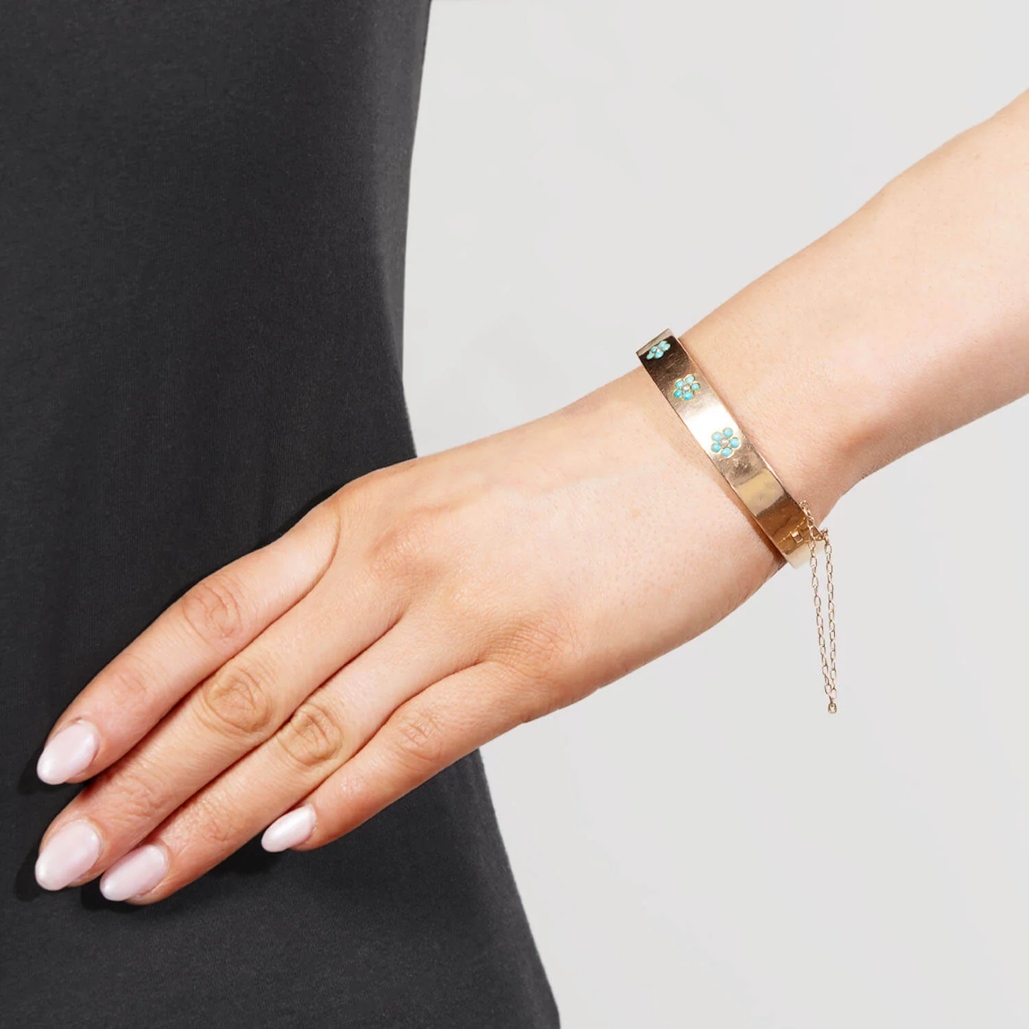 Victorian 14k Turquoise and Pearl Forget-Me-Not Bangle Bracelet - Image 10