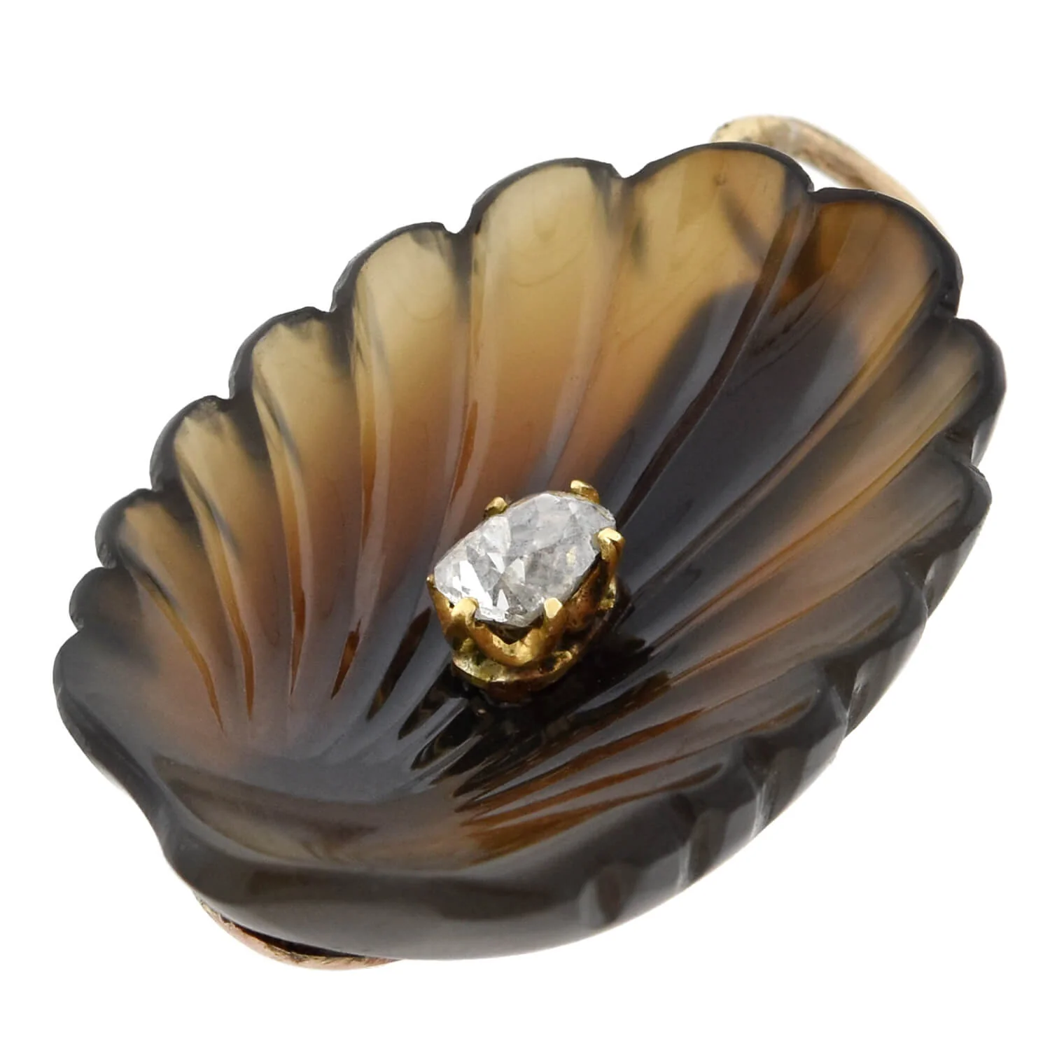 Victorian 14kt Carved Agate + Diamond Seashell Pendant - Image 2