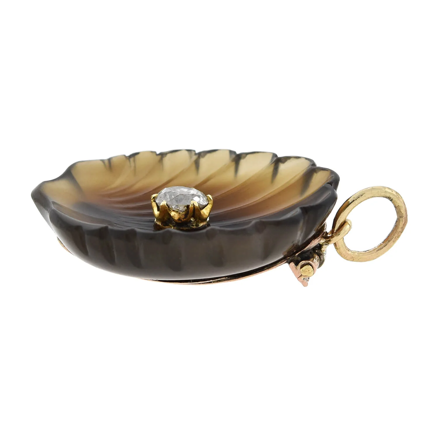 Victorian 14kt Carved Agate + Diamond Seashell Pendant - Image 3