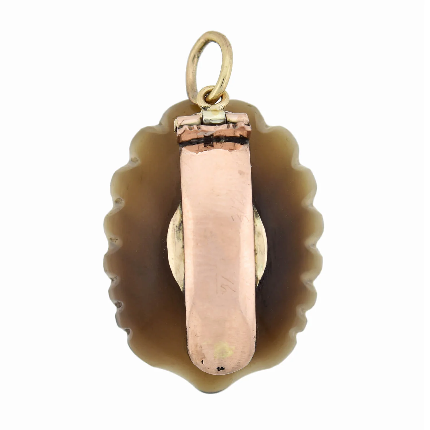 Victorian 14kt Carved Agate + Diamond Seashell Pendant - Image 4