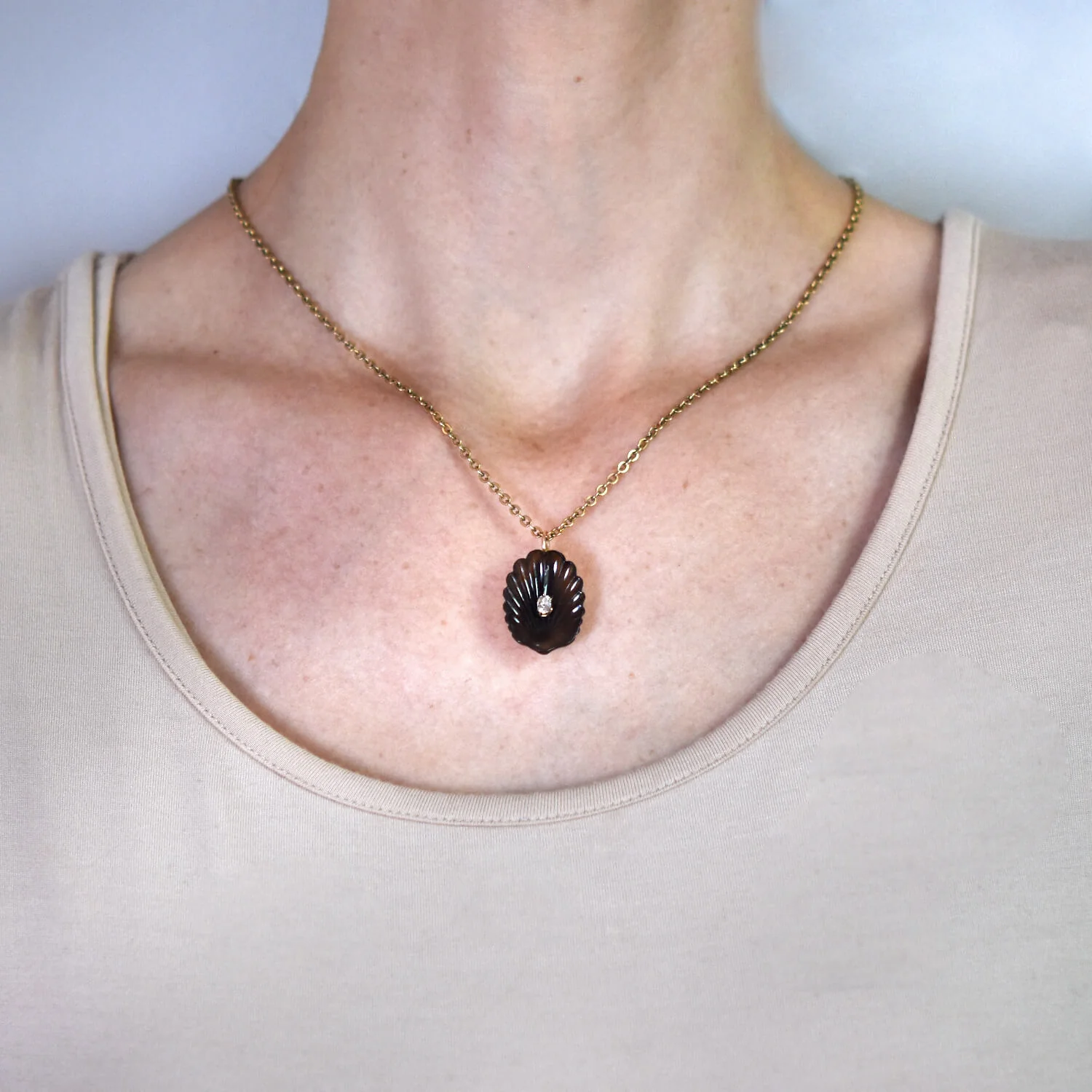 Victorian 14kt Carved Agate + Diamond Seashell Pendant - Image 5