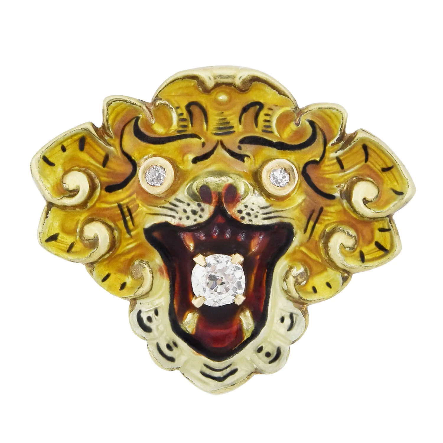 Victorian 14kt Diamond + Enameled Lion Pendant 0.25ctw - Image 4