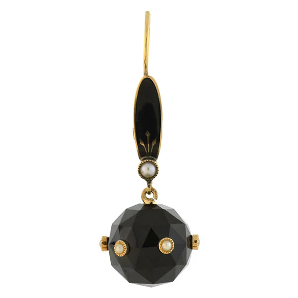Victorian 14kt Faceted Onyx Sphere + Pearl Enameled Earrings - Image 2