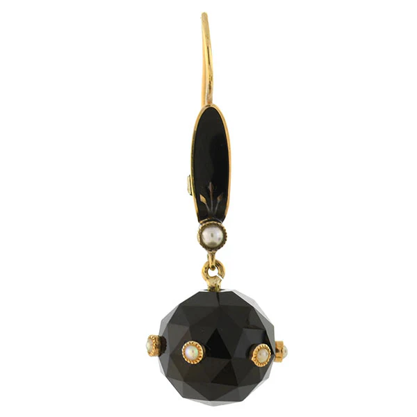 Victorian 14kt Faceted Onyx Sphere + Pearl Enameled Earrings - Image 3