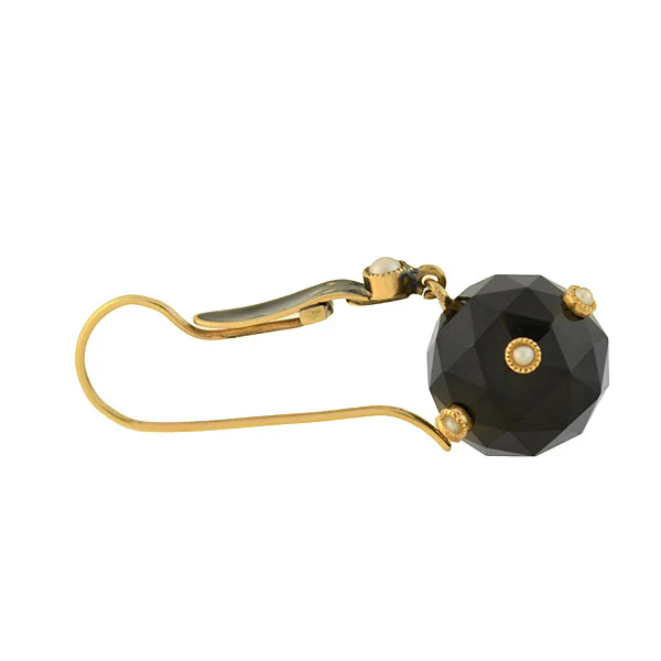 Victorian 14kt Faceted Onyx Sphere + Pearl Enameled Earrings - Image 4