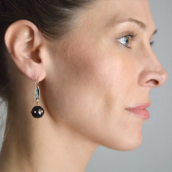 Victorian 14kt Faceted Onyx Sphere + Pearl Enameled Earrings - Image 6