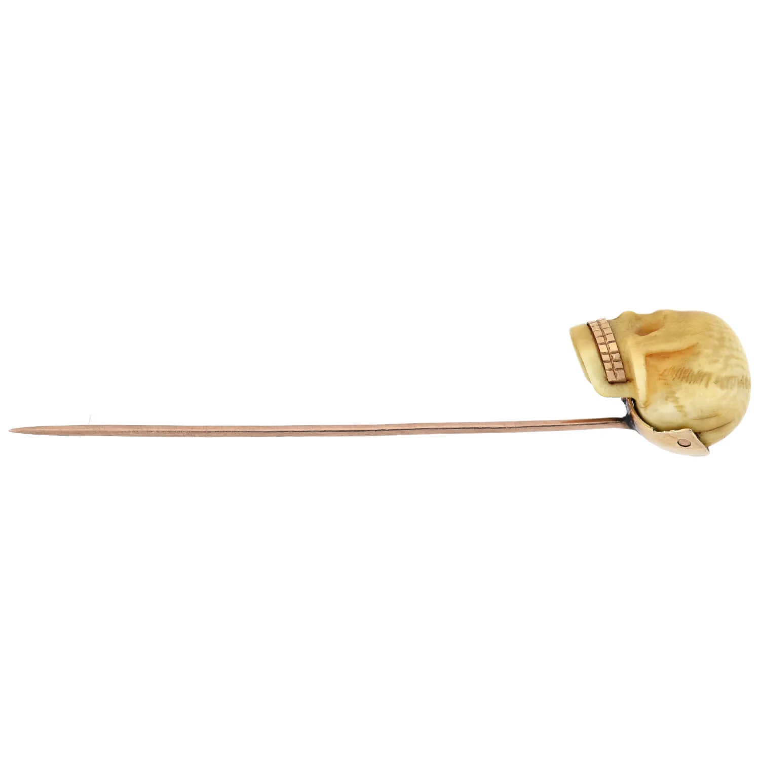 Victorian 14kt Hand Carved Ivory Skull Stickpin with Gold Teeth - Image 4