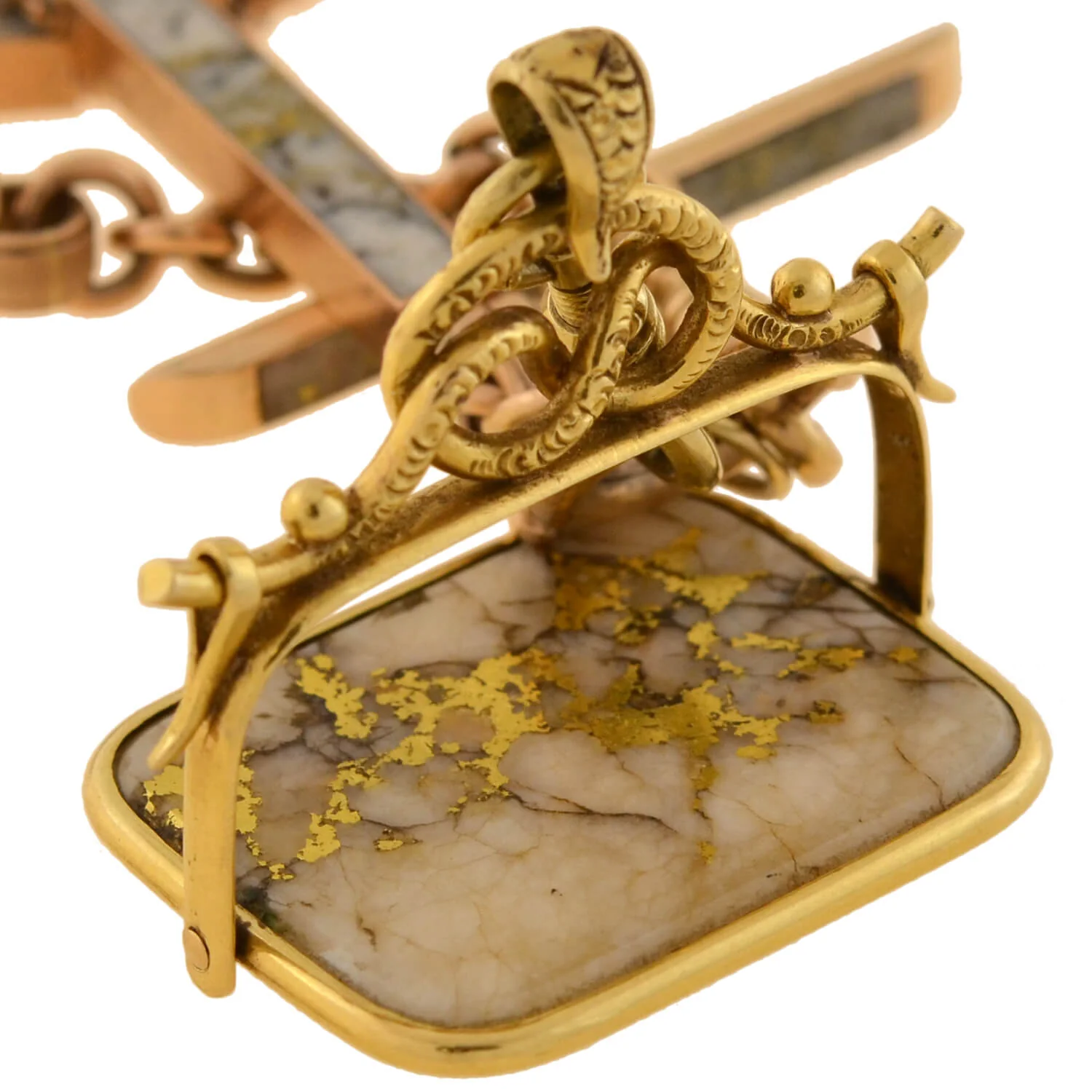 Victorian 14kt Inlaid Gold Quartz Watch Chain + Matching Spinner Fob - Image 3