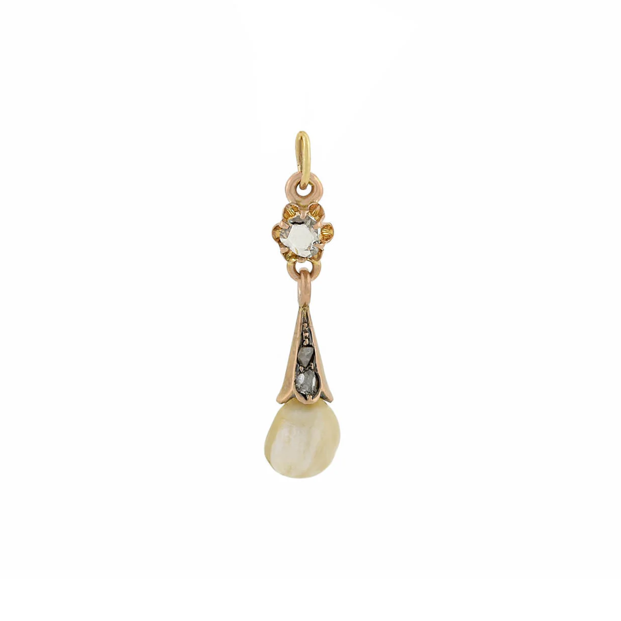 Victorian 14kt Rose Cut Diamond + Natural Pearl Pendant