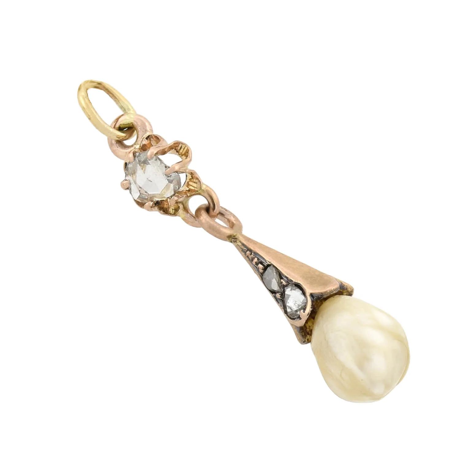 Victorian 14kt Rose Cut Diamond + Natural Pearl Pendant - Image 2