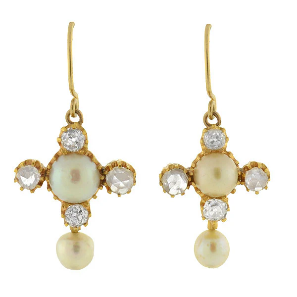 Victorian 14kt Rose & Mine Cut Diamond & Pearl Earrings