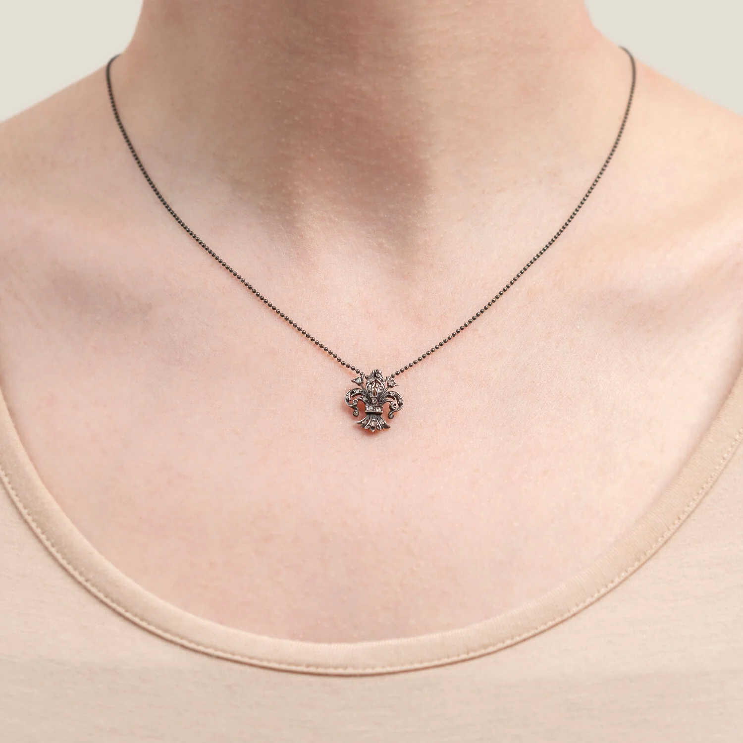 Victorian 14kt/Sterling + Diamond Fleur-de-Lys Pendant Necklace - Image 5