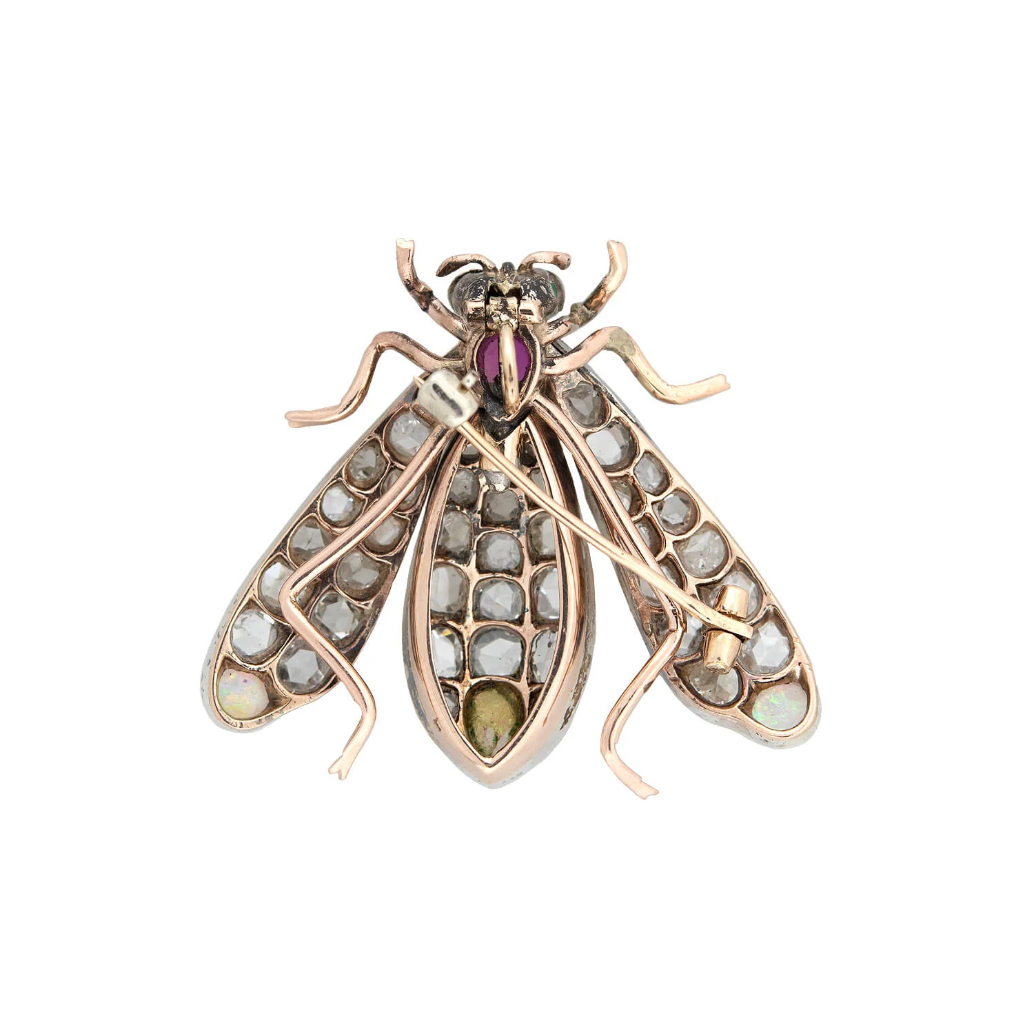Victorian 14kt/Sterling Diamond, Opal, Emerald, + Ruby Fly Pin/Pendant - Image 3
