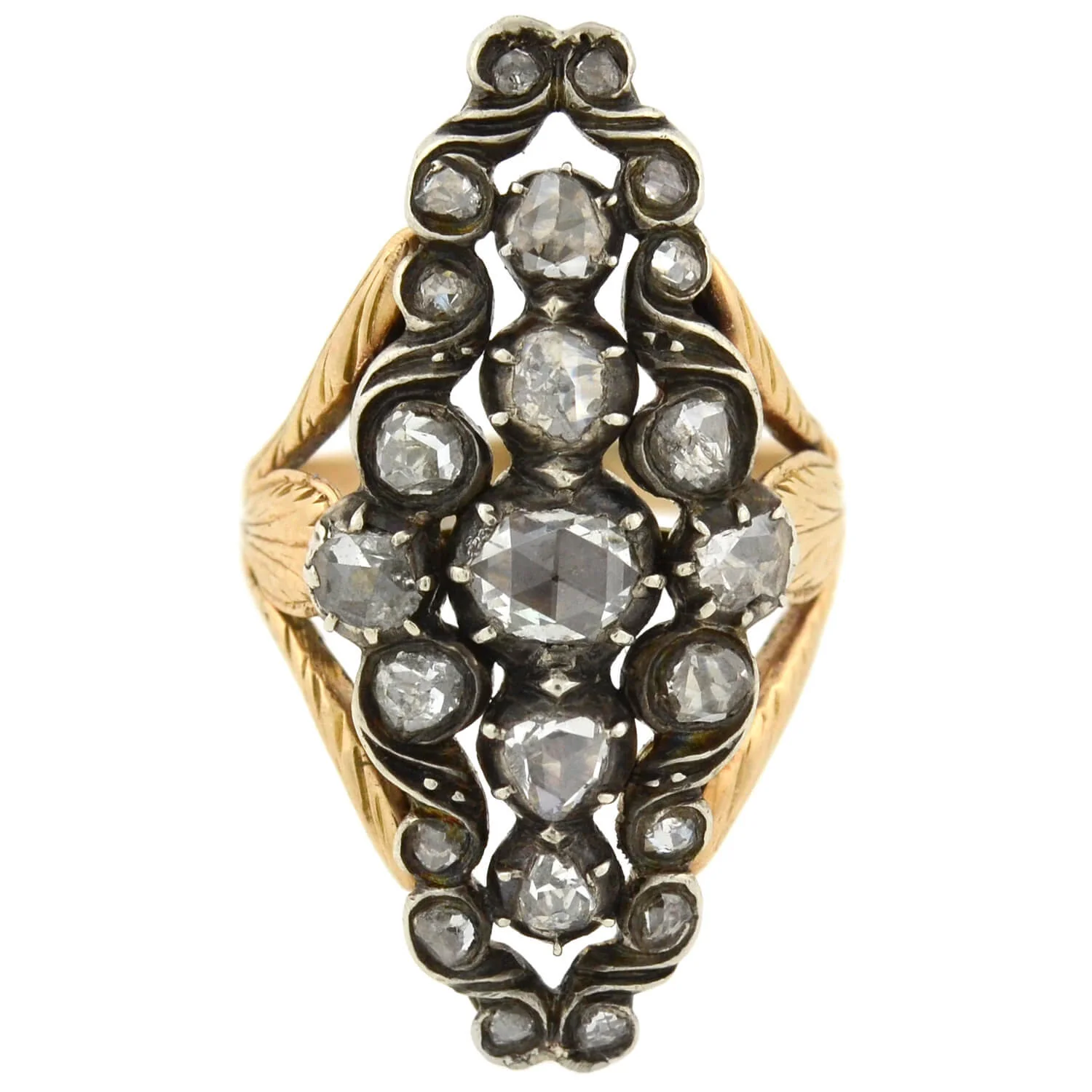 Victorian 14kt/Sterling Foil Backed Diamond Navette Ring 0.90ctw - Image 3