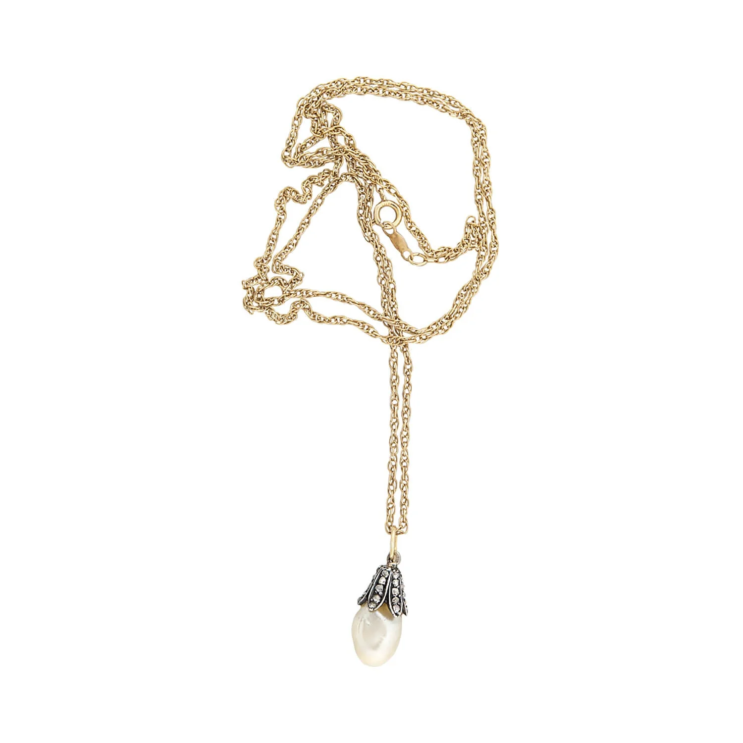 Victorian 14kt/Sterling Natural Pearl + Diamond Pendant Necklace - Image 4