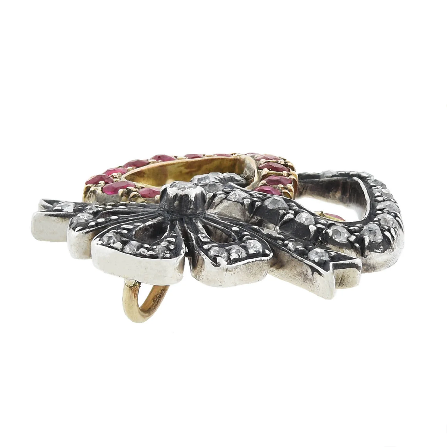 Victorian 14kt/Sterling Ruby + Diamond Double Heart Pendant - Image 2