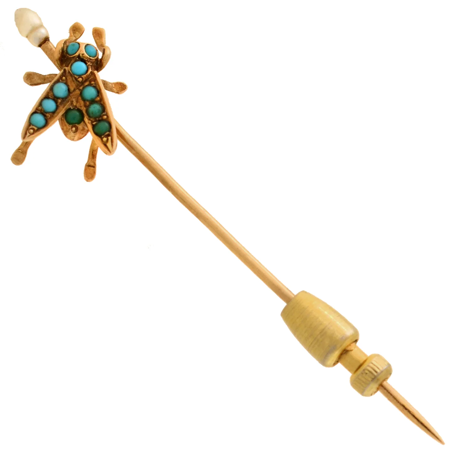 Victorian 14kt Turquoise + Pearl "Fly" Stick Pin - Image 2