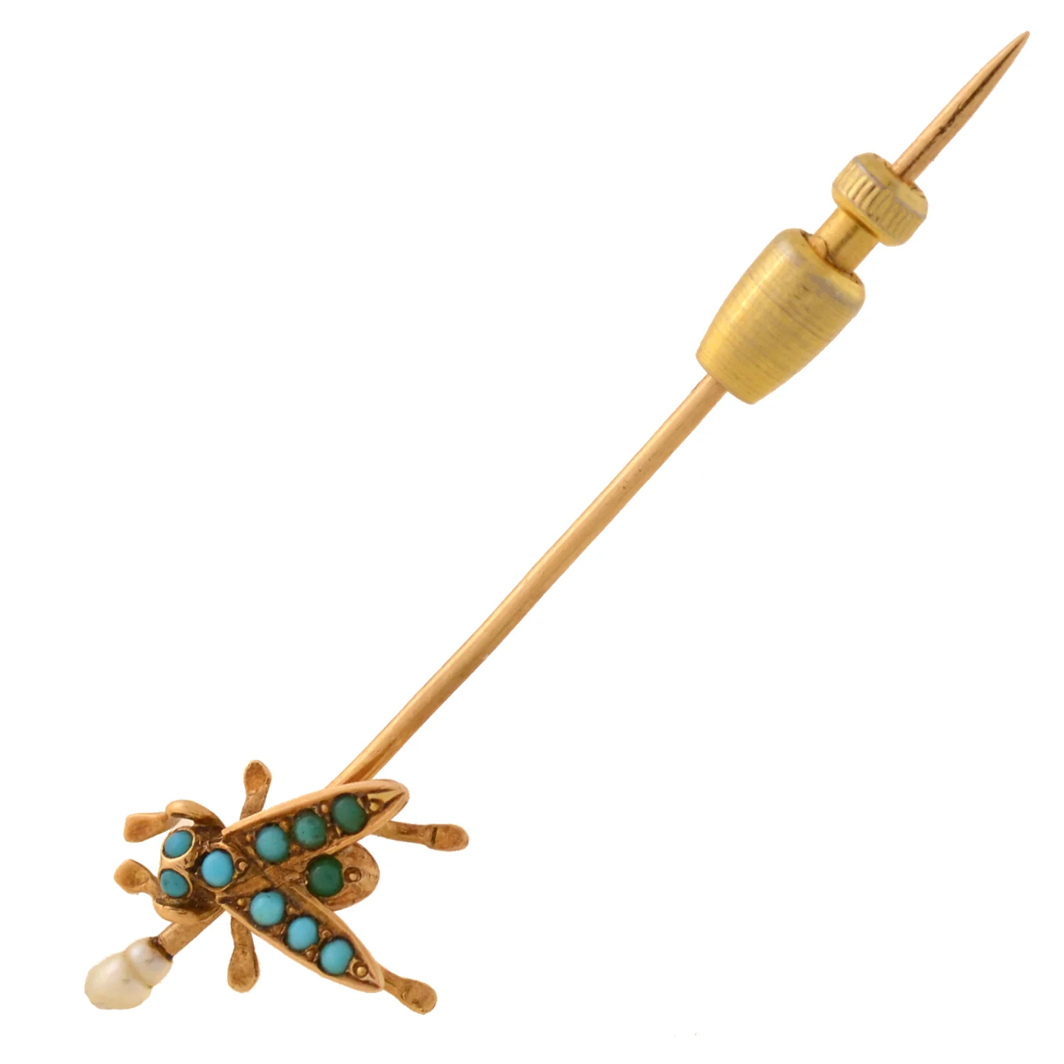 Victorian 14kt Turquoise + Pearl "Fly" Stick Pin - Image 3