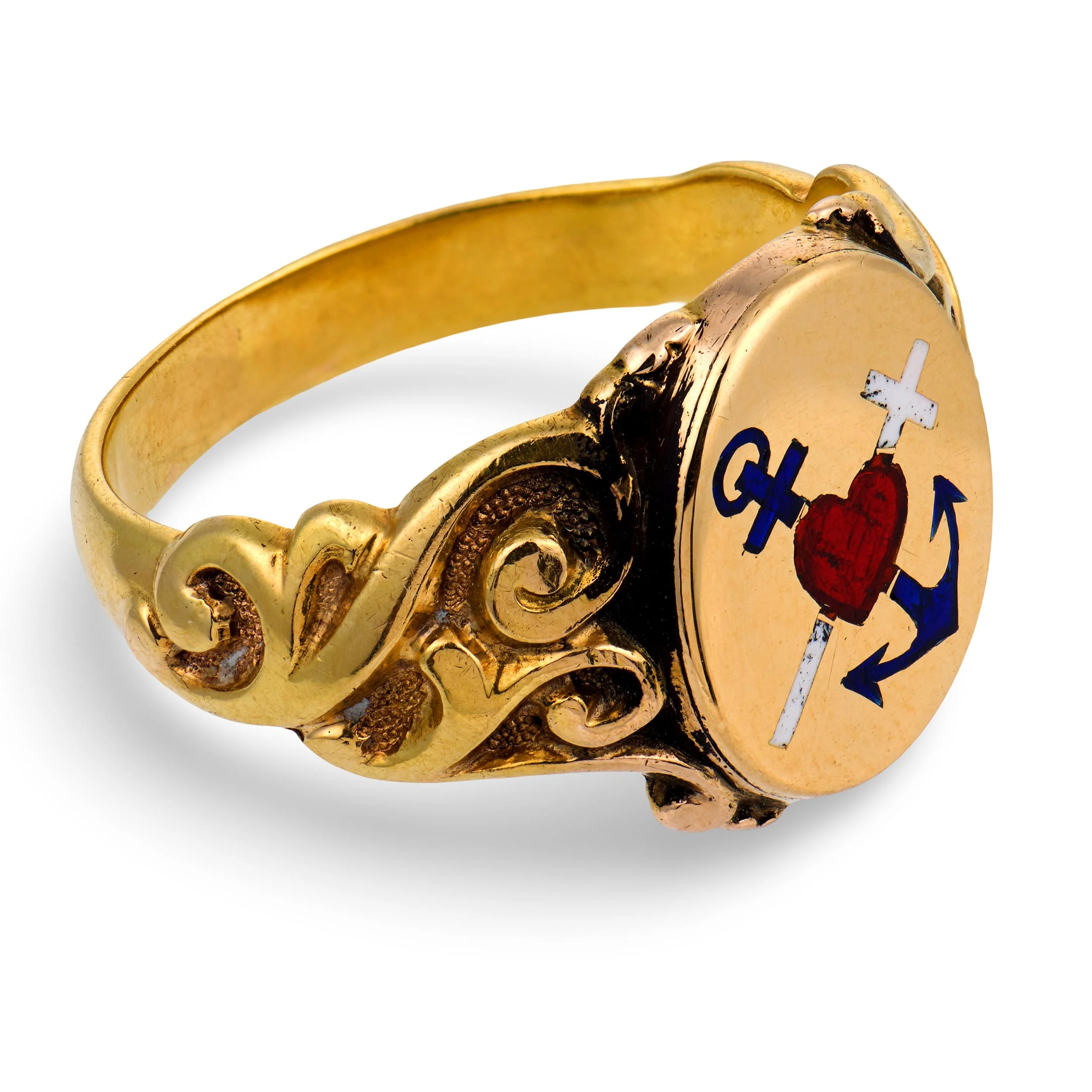 Victorian 15k Enamel "Faith, Hope, & Charity" Signet Ring - Image 3
