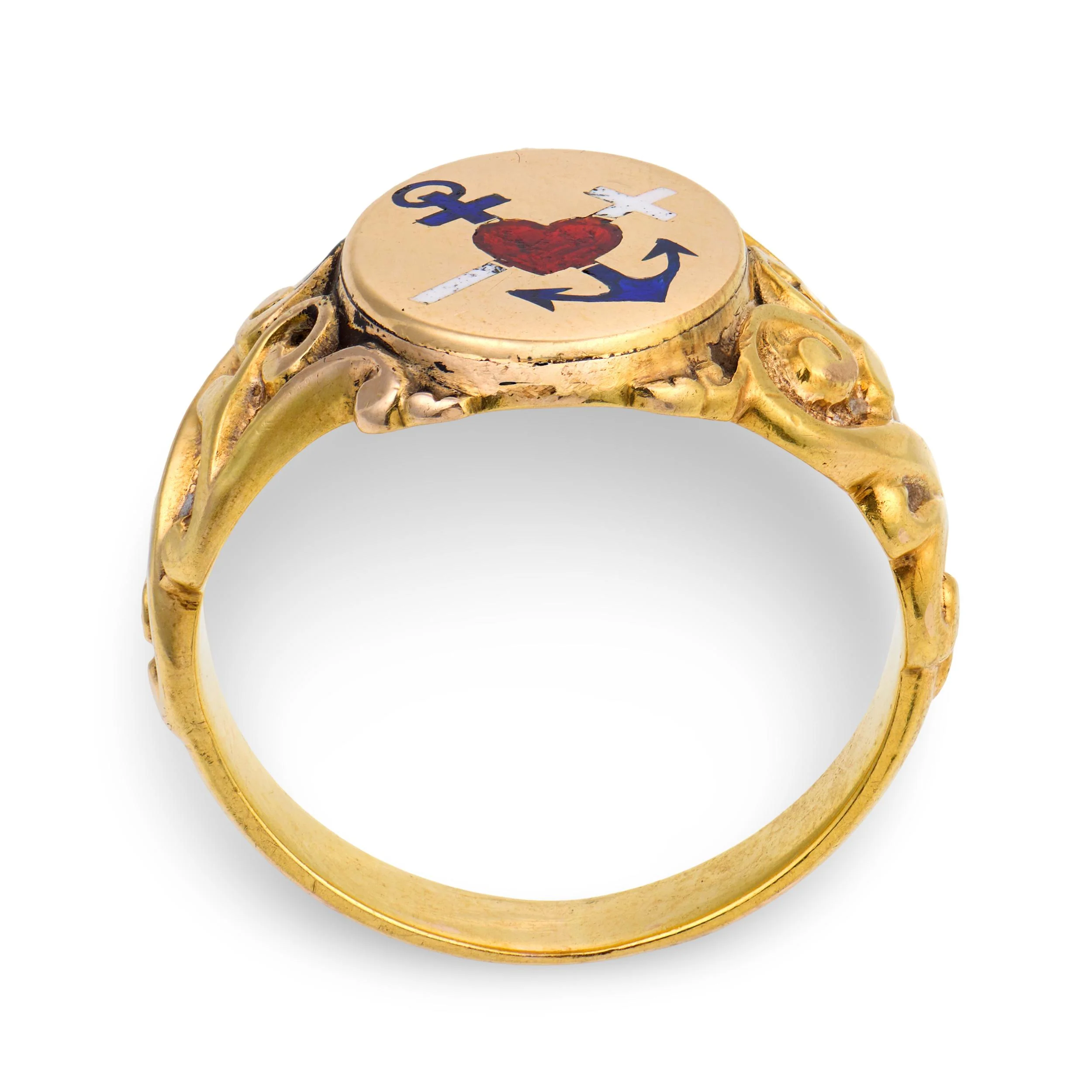 Victorian 15k Enamel "Faith, Hope, & Charity" Signet Ring - Image 4