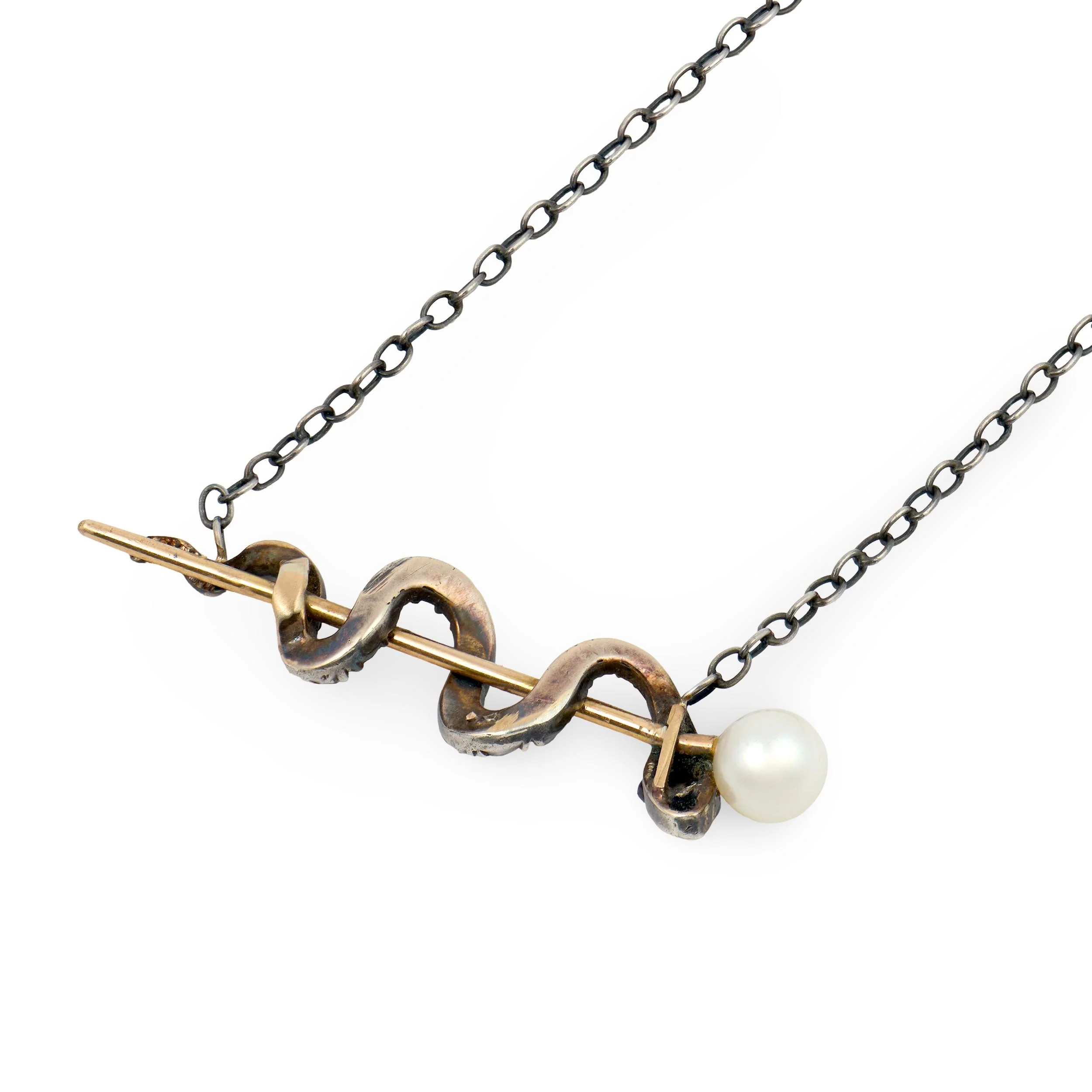 Victorian 15k/Sterling Diamond, Ruby, Pearl "Rod of Asclepius" Pendant Necklace - Image 3