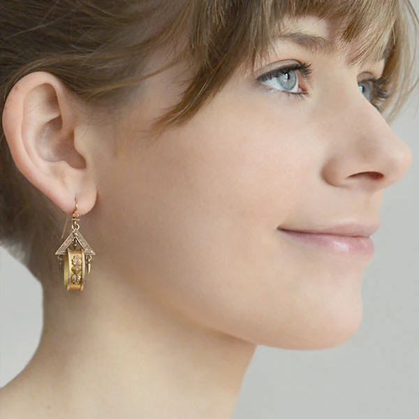 Victorian 15kt Gold Dangling Triangle & Hoop Earrings - Image 7