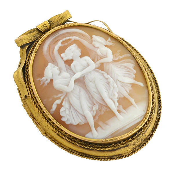 Victorian Huge 15kt Carved Shell "Three Graces" Cameo Pin - Image 2