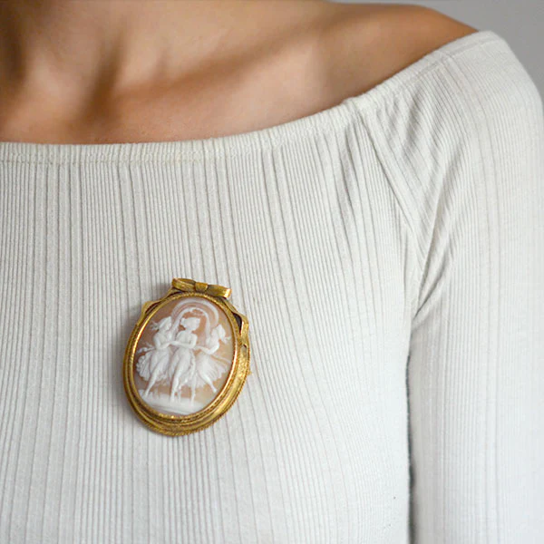 Victorian Huge 15kt Carved Shell "Three Graces" Cameo Pin - Image 6