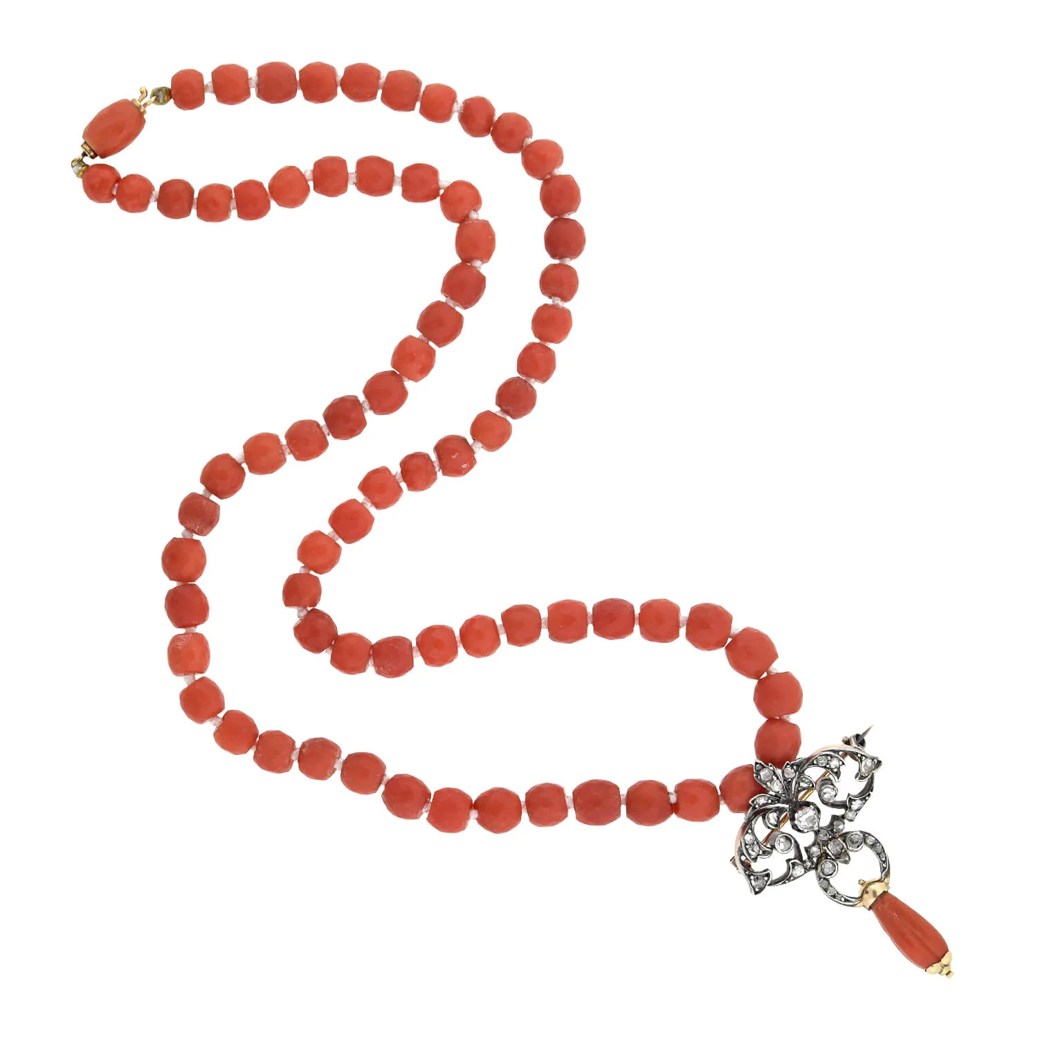 Victorian 15kt/Silver Diamond Pin/Pendant and Natural Coral Beaded Necklace - Image 2