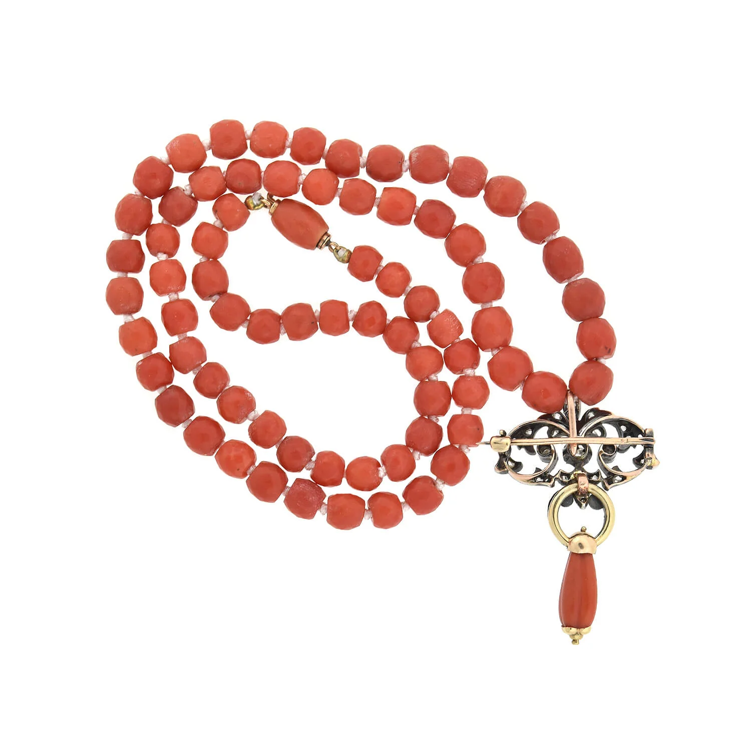 Victorian 15kt/Silver Diamond Pin/Pendant and Natural Coral Beaded Necklace - Image 5