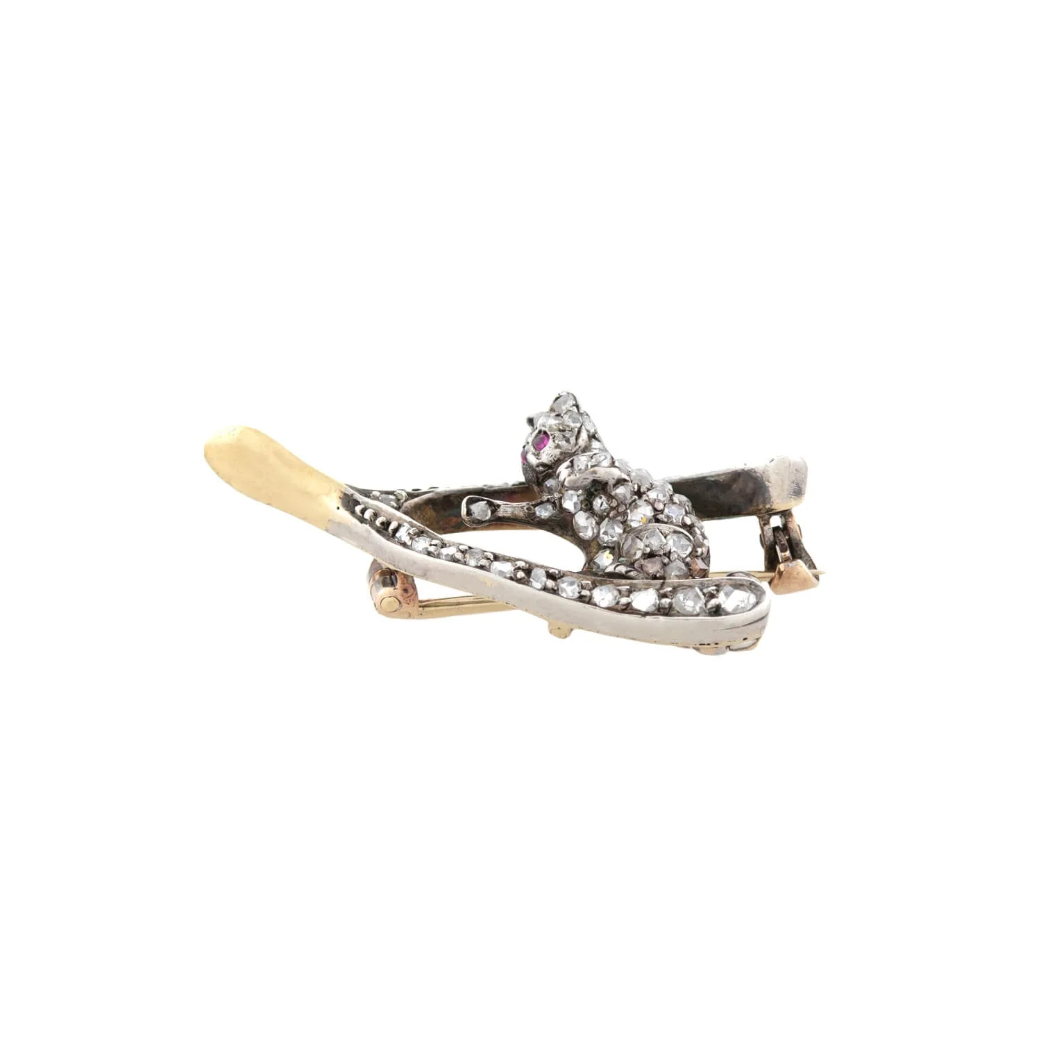 Victorian 15kt/Sterling Rose Cut Diamond + Ruby Cat and Wishbone Pin - Image 2