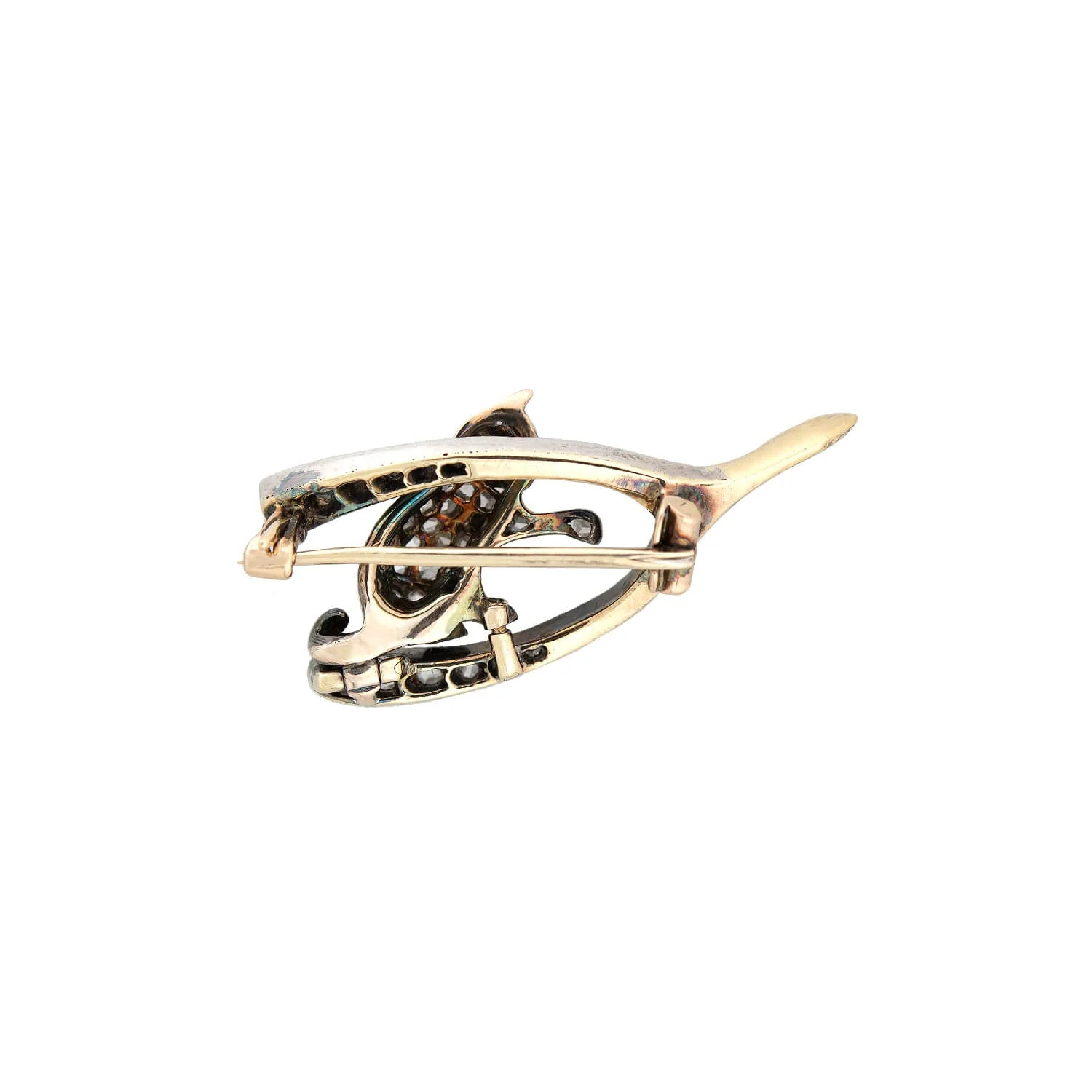 Victorian 15kt/Sterling Rose Cut Diamond + Ruby Cat and Wishbone Pin - Image 4