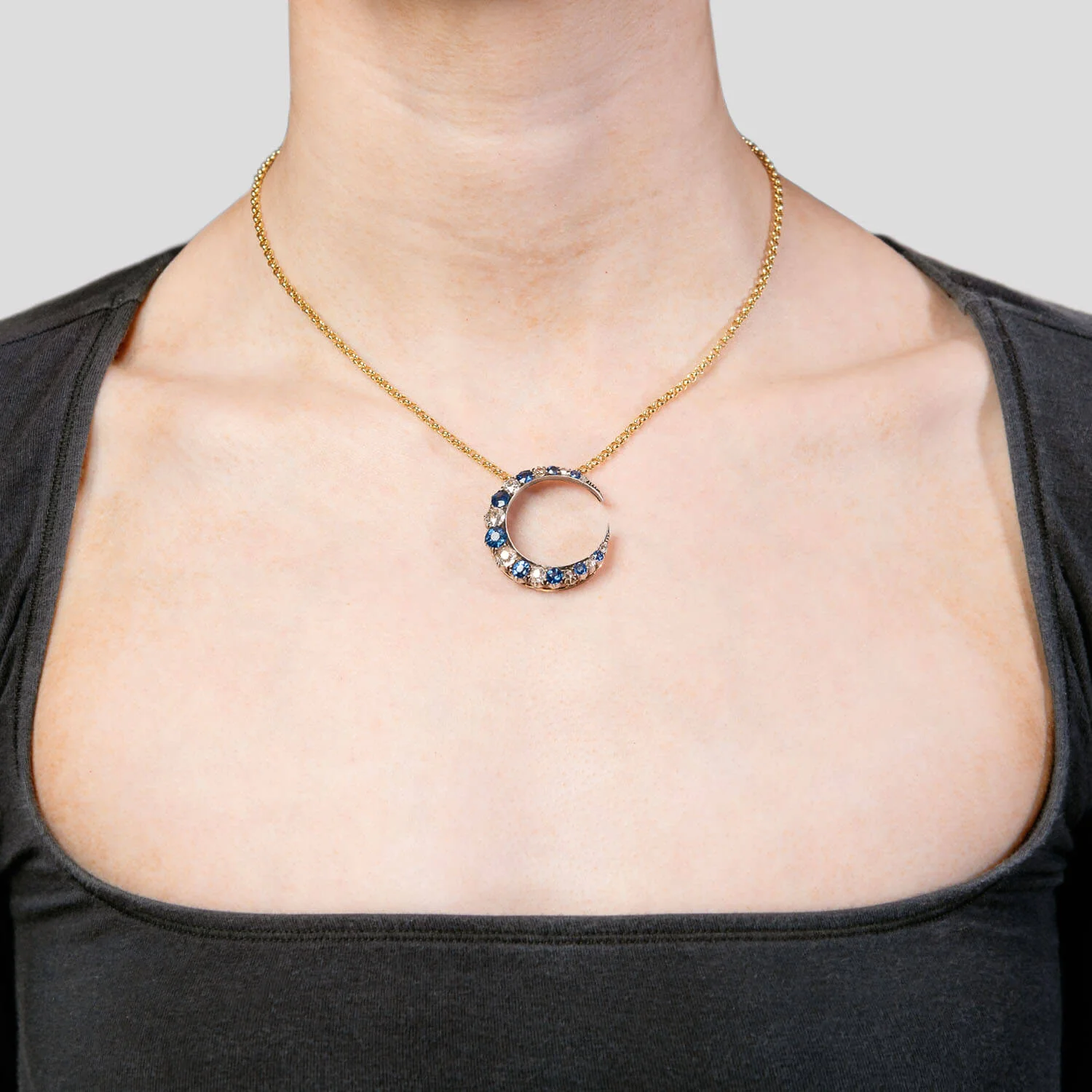 Victorian 18k/Sterling No Heat Sapphire & Diamond Crescent Pendant Necklace - Image 6