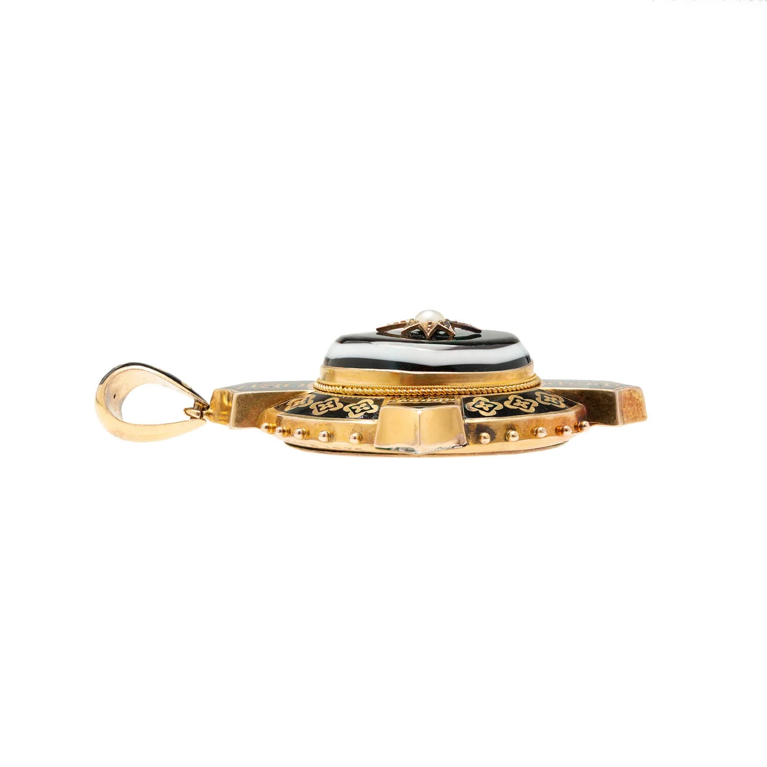 Victorian 18k Banded Agate, Pearl + Enamel Mourning Locket - Image 2