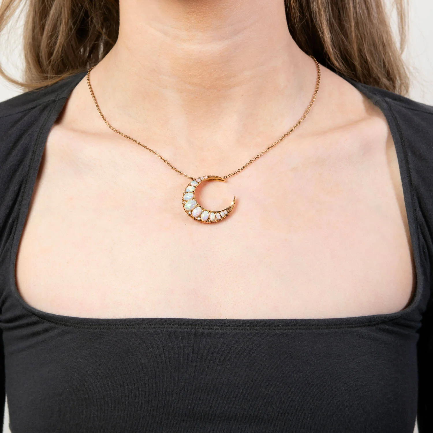Victorian 18k Opal & Diamond Crescent Pendant Necklace - Image 5