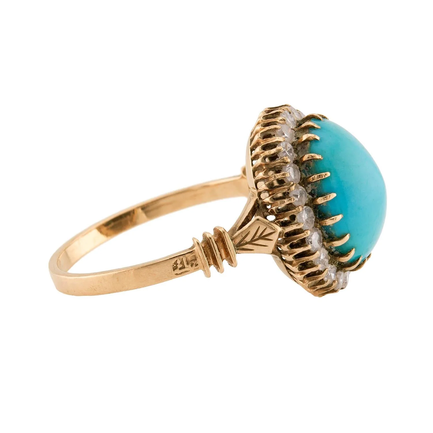 Victorian 18k/Sterling Silver Turquoise & Diamond Halo Ring - Image 3