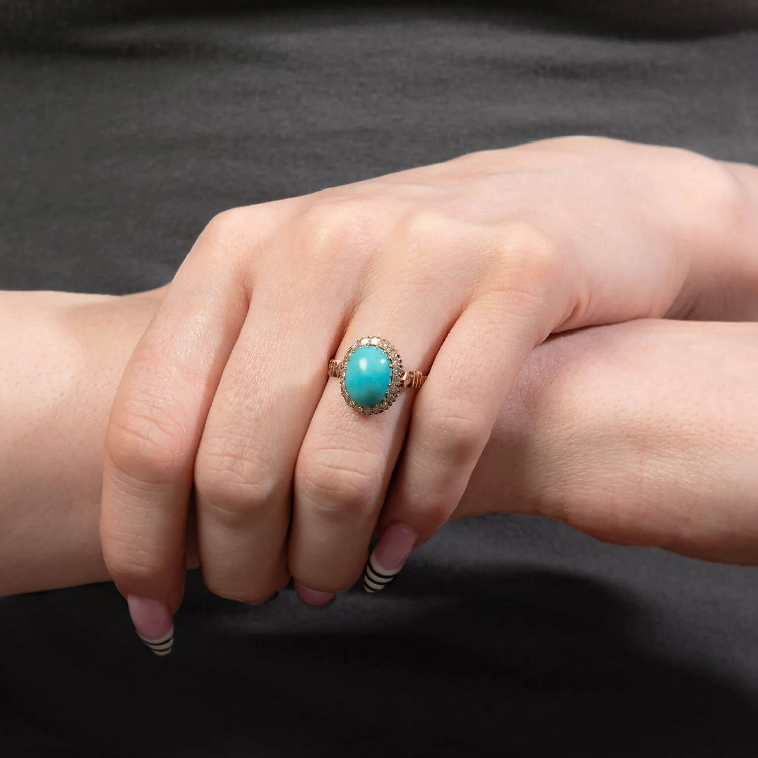 Victorian 18k/Sterling Silver Turquoise & Diamond Halo Ring - Image 6