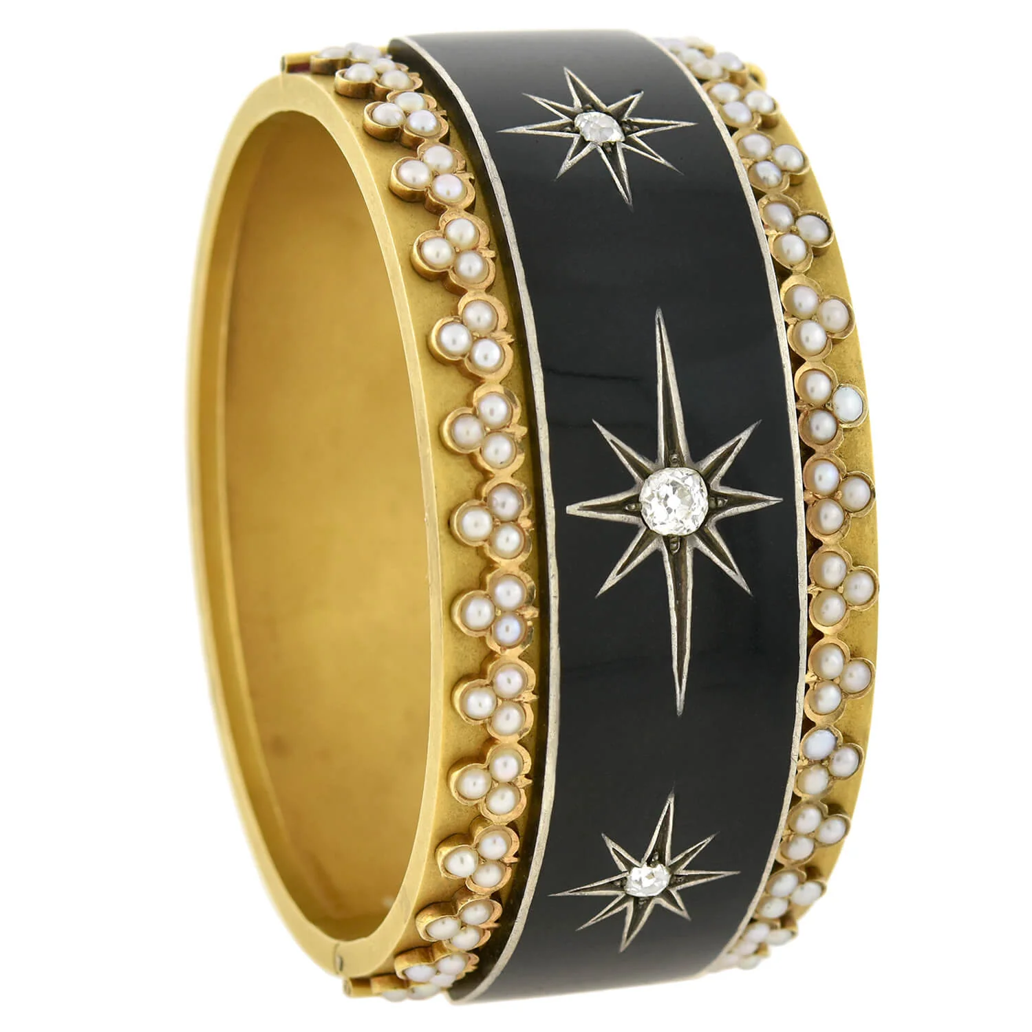 Victorian 18kt Enameled Diamond + Pearl Starburst Motif Bracelet - Image 6