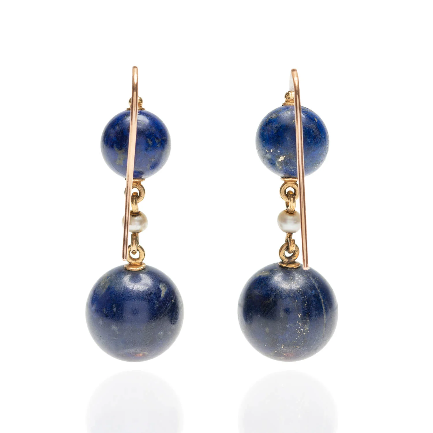 Victorian 18kt, Pearl, Enamel + Carved Lapis Lazuli Earrings, Pendant + Button Set - Image 4